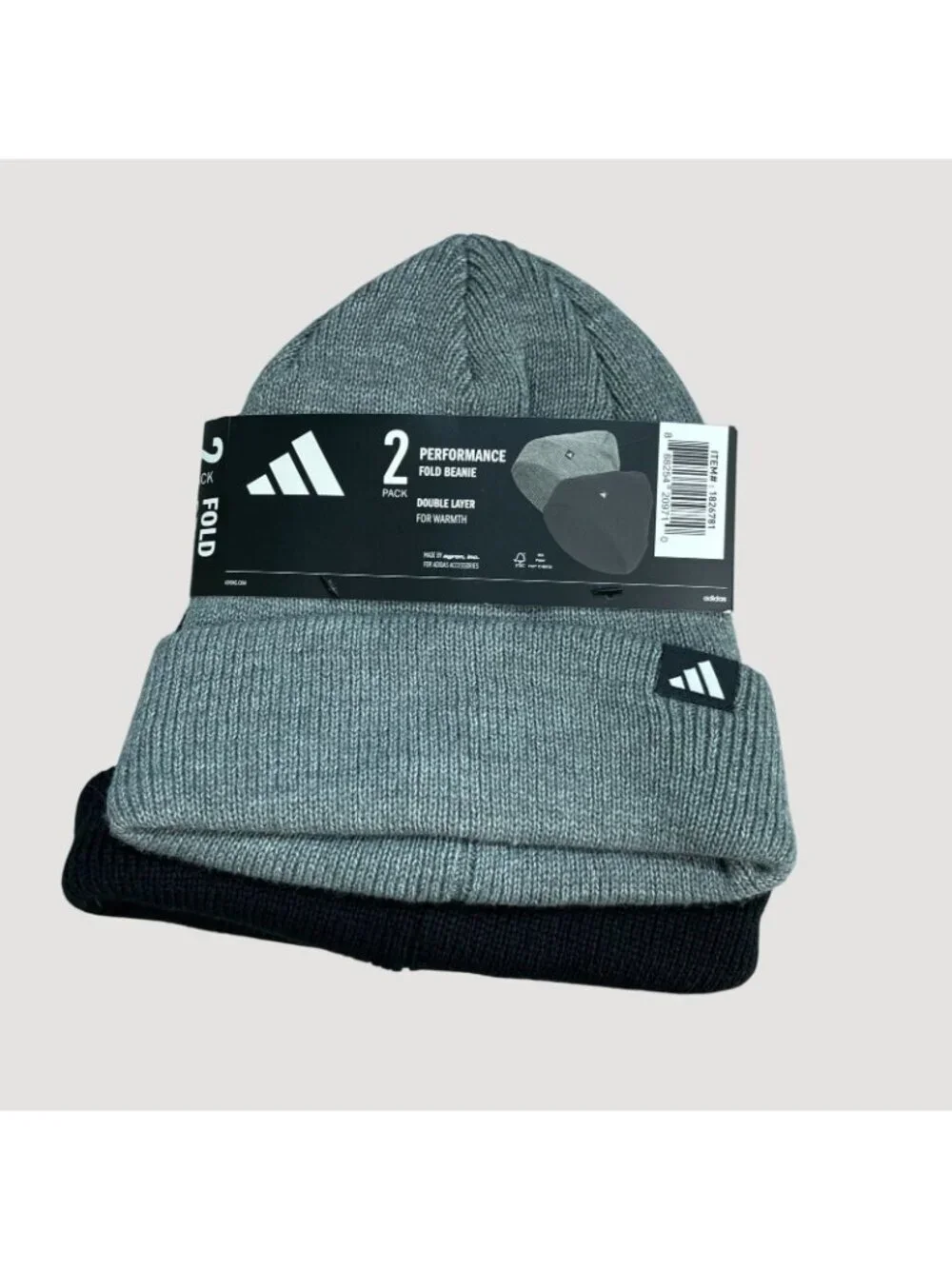 NWT Adidas 2 Pack Performance Fold Beanie Double Layer For Warmth Gray & Black